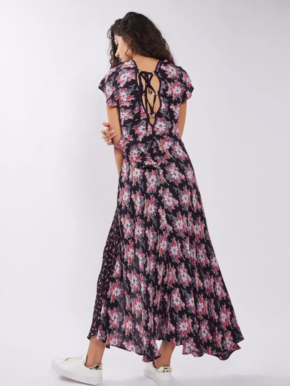 Topshop Nordstrom floral ruffle lace-up back splice d-ring maxi dress Size 4 - Picture 2 of 14